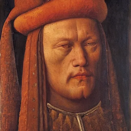 Image similar to portrait of a king with an orange cats head for a head, oil painting by jan van eyck, northern renaissance art, oil on canvas, wet - on - wet technique, realistic, expressive emotions, intricate textures, illusionistic detail