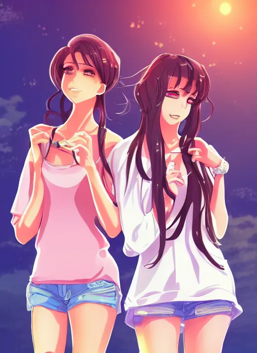 Image similar to two beautiful mothers in a summer home, casual summer clothes, gorgeous faces, thick lines, cinematic lighting, detailed anime art