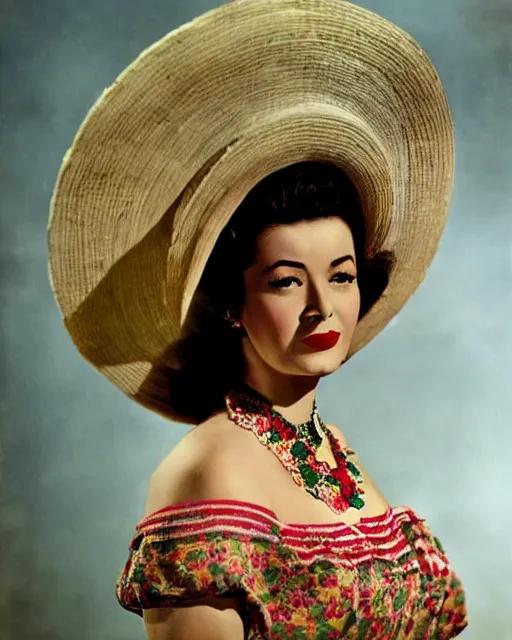 Prompt: the image is a lost hollywood film still photograph of in this image, a beautiful mexican actress from the 1 9 5 0 s. she is wearing a traditional mexican dress and a sombrero. she has a very stern expression on her face. vibrant cinematography, anamorphic lenses, upscale, hyper realistic photo, crisp, detailed image in 8 k resolution.