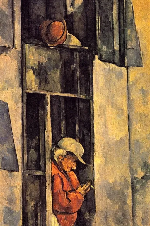 Prompt: an elderly and content italian woman leaning out of the window of an old building, smoking a cigarette, by paul cezanne, firenze, sunset, smooth, expressionist, gold