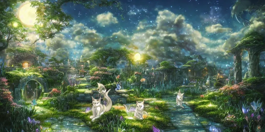 Prompt: final fantasy key visual of a cats anime, in a magical fantasy garden at night, moonlight, fireflies glowing, lofi feel, magical, highly detailed, digital art, artstation, smooth, hard focus, illustration, art by artgerm - in the style of final fantasy and studio ghibli