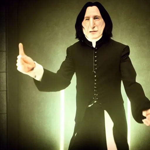 Image similar to Severus Snape dances in a bar, neon, realistic, full body, very detailed, super realistic, dramatic movement