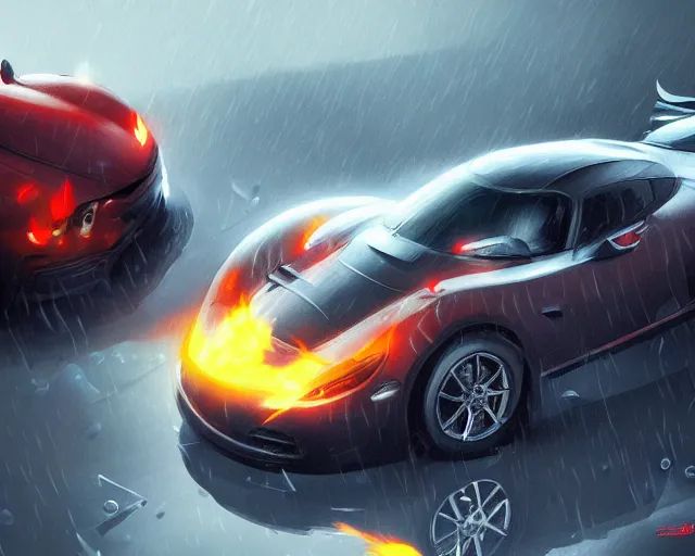 Image similar to sports car heavy rain fire, deep focus, d & d, fantasy, intricate, elegant, highly detailed, digital painting, artstation, concept art, matte, sharp focus, illustration, hearthstone,