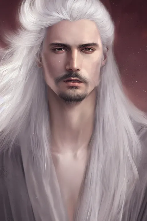 Prompt: white haired robe fu xi full male front body portrait, very long white beard and hair, long hair shawl, fine kindness delicate prefect face features gaze, piercing eye, elegant, style of tom bagshaw, cedric peyravernay, peter mohrbacher, victo nga, 4 k hd illustrative wallpaper, animation style, chinese style