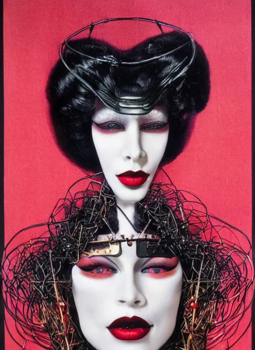 Image similar to an 8 0 s portrait of a woman with dark eye - shadow and red lips with dark slicked back hair, a mask made of wire and beads, dreaming acid - fueled hallucinations, psychedelic by serge lutens, rolf armstrong, delphin enjolras, peter elson, red cloth background, frilled blooming collar