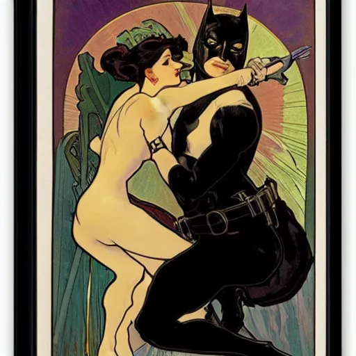 Image similar to portrait of catwoman and batman by Alphonse Mucha