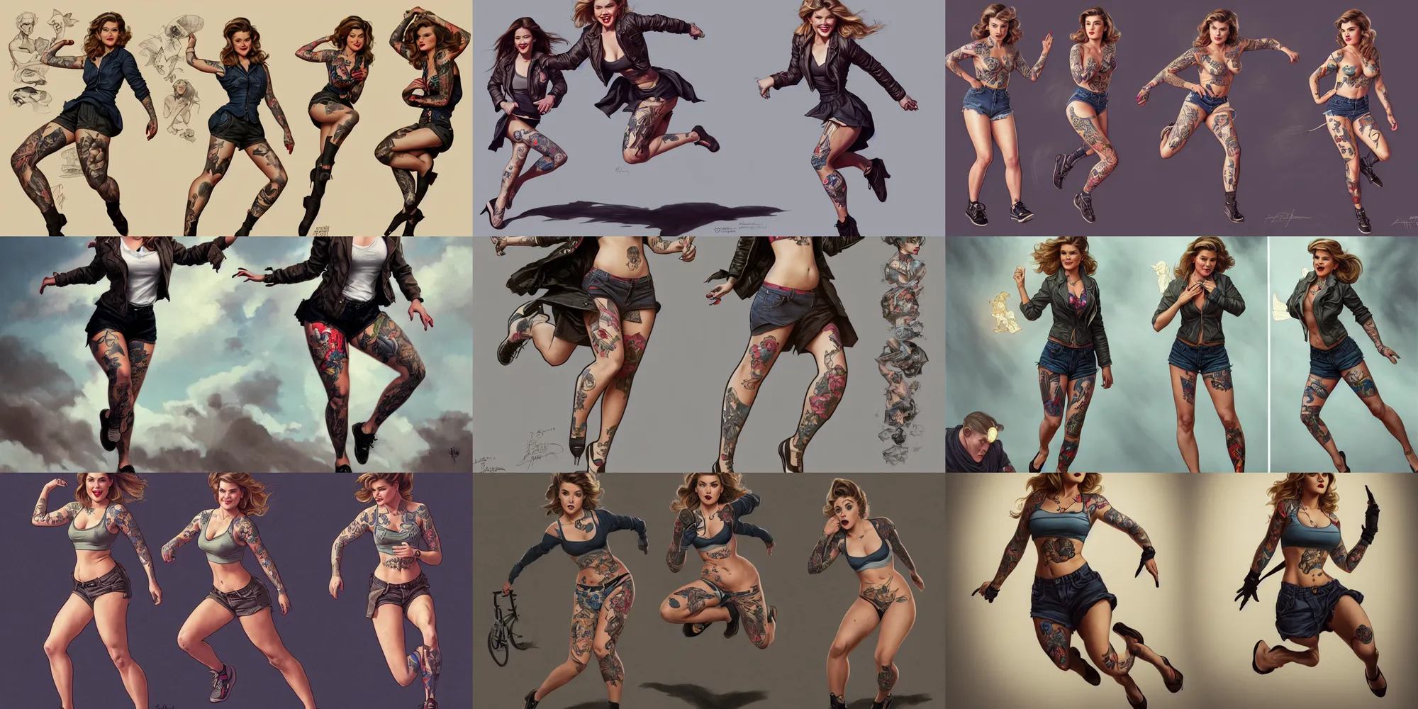 Prompt: tattooed pinup girl jenna bush wearing a jacket and ripped shorts running and jumping, character sheet, character design,, contrast, deep focus, turnaround, highly detailed, dramatic lighting, digital painting, artstation, concept art, matte, sharp focus, illustration, elegant, art by artgerm and greg rutkowski and alphonse mucha.