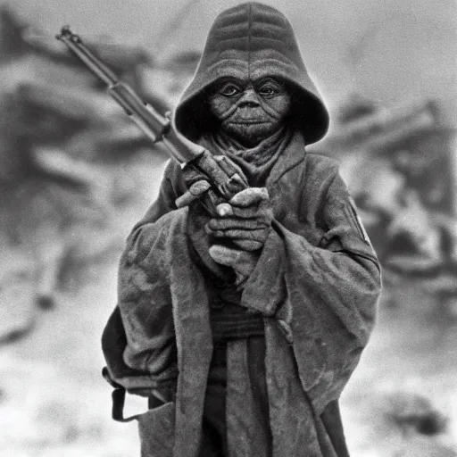 Image similar to Yoda as a Russian soldier in WW2, Battle of Stalingrad 1943, 4K, 30mm film stock, high detail, historical