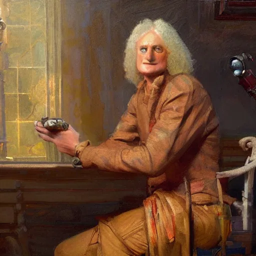 Image similar to portrait of isaac newton using a vr, artwork by gaston bussiere, craig mullins, trending on artstation