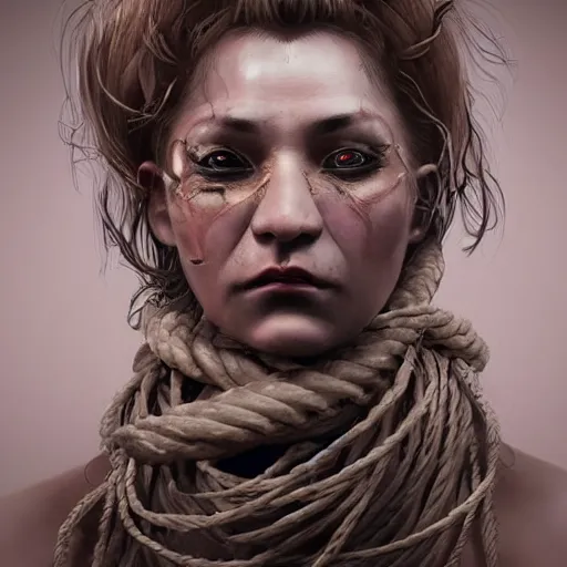 Image similar to portrait of a Shibari rope wrapped face and neck, headshot, insanely nice professional hair style, dramatic hair color, digital painting, of a old 17th century, old cyborg merchant, amber jewels, baroque, ornate clothing, scifi, realistic, hyperdetailed, chiaroscuro, concept art, art by Franz Hals and Jon Foster and Ayami Kojima and Amano and Karol Bak,