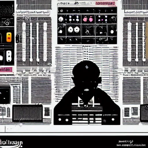 Image similar to electronic musician plays modular synthesizers, dada graphic, minimal, poster
