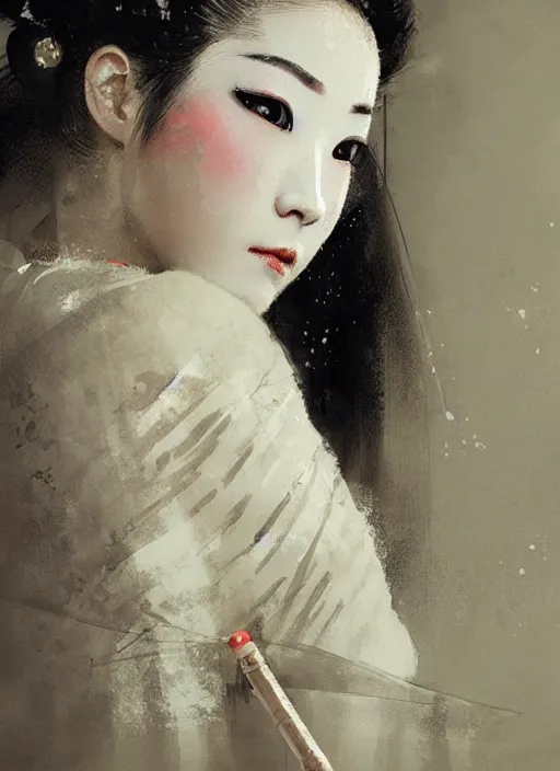 Image similar to female geisha girl, beautiful face, rule of thirds, intricate outfit, spotlight, by greg rutkowski, by jeremy mann