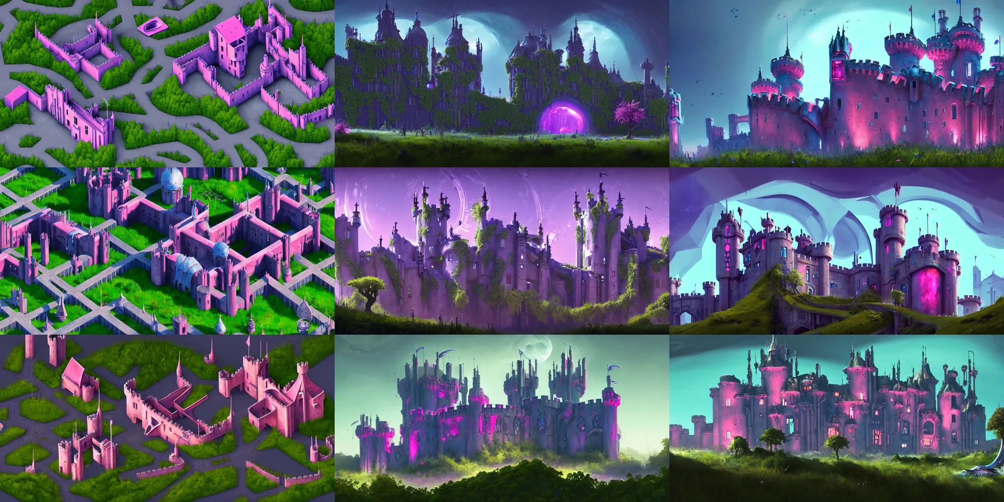 Prompt: game asset ori parallax alien scifi mechanical exterior shot of utopian medieval stronghold architecture castle with cinematic lighting by zaha hadid peter zumthor in gouache detailed paintings, props, stylized, 2 d sprites, kitbash, nature, organic, ivy, arcane, overwatch, blue and pink color scheme, 8 k, close up