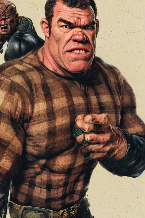 Image similar to upper body and head portrait of huge hulking absurdly muscular jocko willink as marvel character wearing plaid shirt and pants against simple background by alex ross and jack kirby and sergey kolesov and jason fabok and lawrence alma tadema and norman rockwell and greg staples, photoreal, cinematic, 4 k, high detail