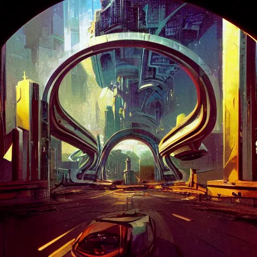 Image similar to overgrown futuristic cityscape located under a bridgeway, world seen only through a portal, daylight, cinematic perspective, cinematic lighting, blue sky, syd mead, john harris, symmetrical