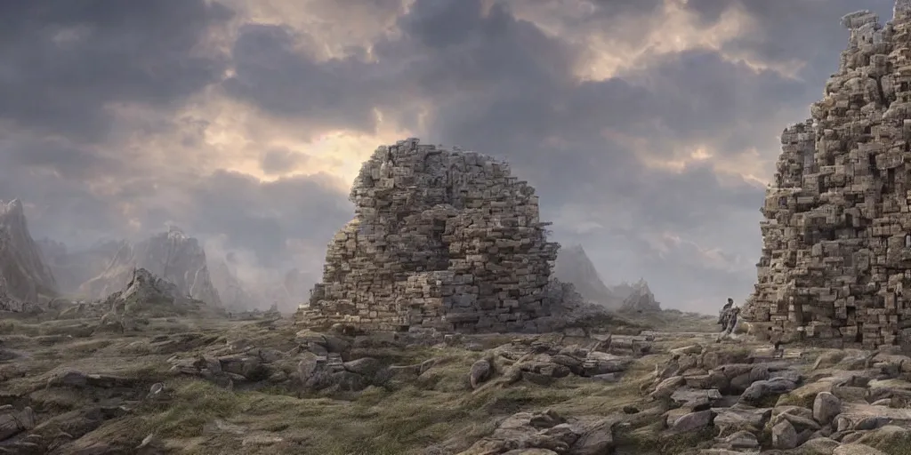 Image similar to beautiful matte painting of a giant wall made from stone bricks by weta workshop 8 k, cinematic dramatic atmosphere, dramatic lighting