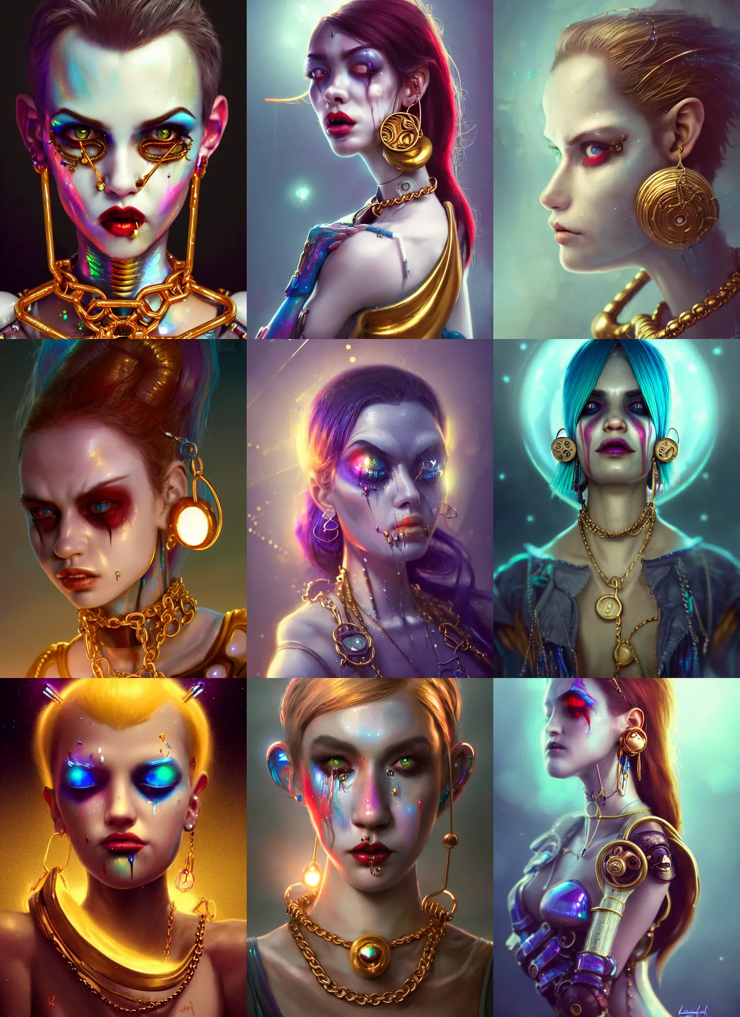 Prompt: disney 8 k photo, stunning shiny sweaty porcelain rich grand iridescent emo edc chained clowncore cyborg college woman, earrings, golden ratio details, sci fi, fantasy, cyberpunk, intricate, decadent, highly detailed, digital painting, octane render, artstation, concept art, smooth, sharp focus, illustration, art by loish, wlop