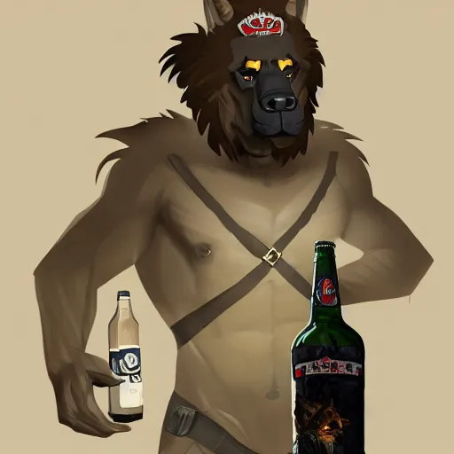 Image similar to a humanoid german shepherd beast - man in military style, holding a bottle of beer, artstation, concept art, smooth, sharp foccus ilustration, artstation