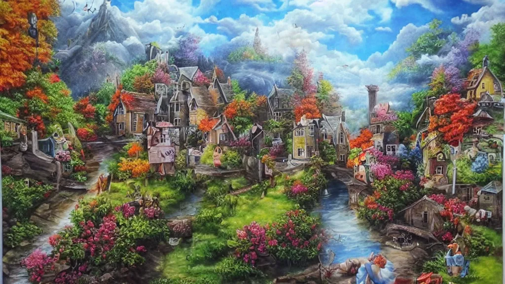 Image similar to airbrush art derivative the very crispest, neatest village