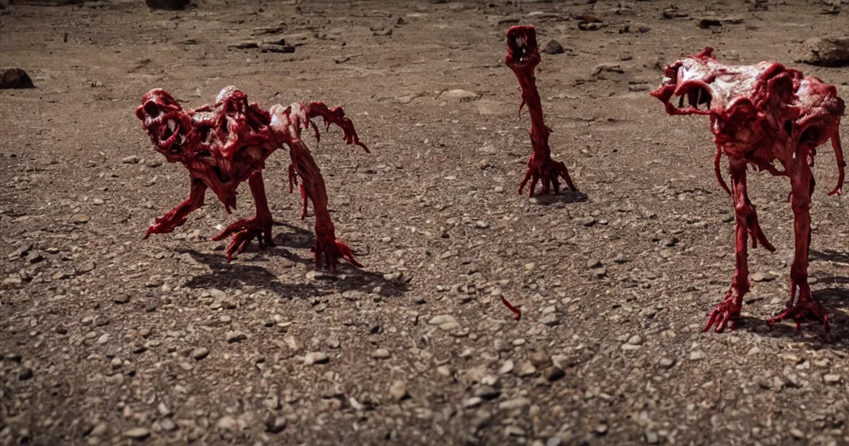 Image similar to in the desert a bloody gross horrifying The Thing creature made of muscle and bone and blood stares at the camera, eating, there is a pool of blood on the ground, it walks on two legs, like a skinwalker, mid day, 35mm photography, realistic,