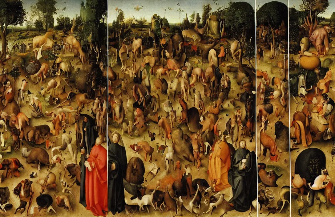 Image similar to vegetarians and carnivores, painting by bosch, extremely detailed triptych