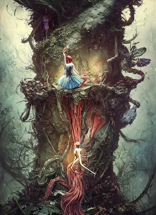 Image similar to Alice in Wonderland catepillar hanged man Tarot card,highly detailed,cinematic,8k,by Stanley Artgermm,Tom Bagshaw,Greg Rutkowski,Carne Griffiths, Ayami Kojima, Beksinski, Giger,trending on DeviantArt,hyper detailed,horror, full of colour