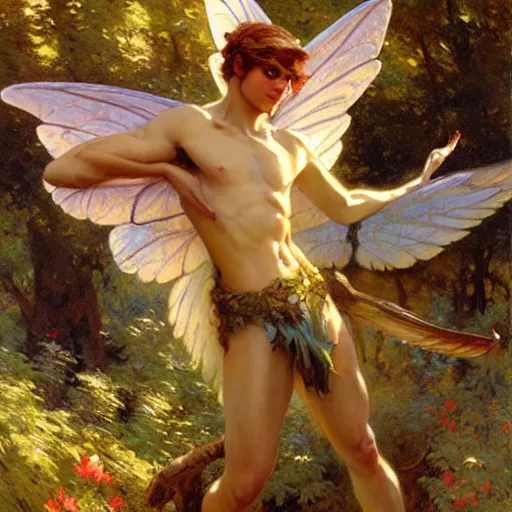 Image similar to attractive male fairy with wings in the forest, posing. highly detailed painting by gaston bussiere, craig mullins, j. c. leyendecker, 8 k