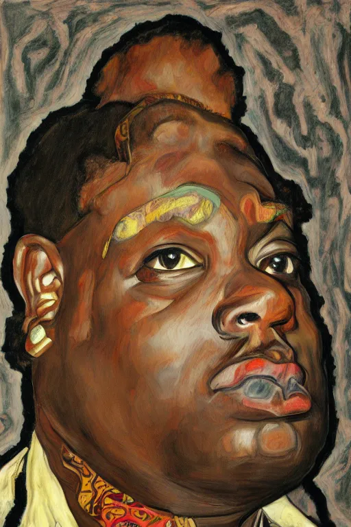 Image similar to a portrait of biggie small in style of egon schiele, masterpiece, hyperdetailed, complex, intricate, photorealistic!!, 4 k, trending on artstation