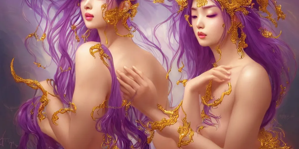 Image similar to asian nymph goddess flowing purple hair twisting in sensual pose with golden tattoes of cursive sigils on her opalescent skin, fantasy, intricate, very beautiful, elegant, golden light, highly detailed, digital painting, artstation, concept art, smooth, sharp focus, unreal engine, art by wlop and tian zi and alphonse mucha