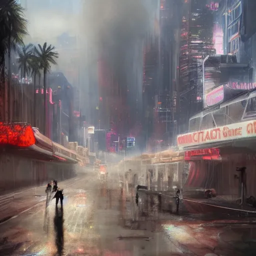 Image similar to sci-fi epic concept art of dried miami city, red dust and smoke in the air, rays of light, neon billboards and dried palmtrees in the streets, mutated aligators in corners epic scene, scifi, hyperrealistic