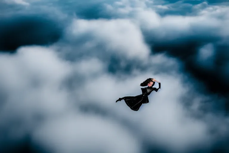 Image similar to photograph of a haute couture model flying through clouds, aerial view. photography by julia hetta, cinematic, elegant, real dlsr photography, sharp focus, 4 k, ultra hd, sense of awe