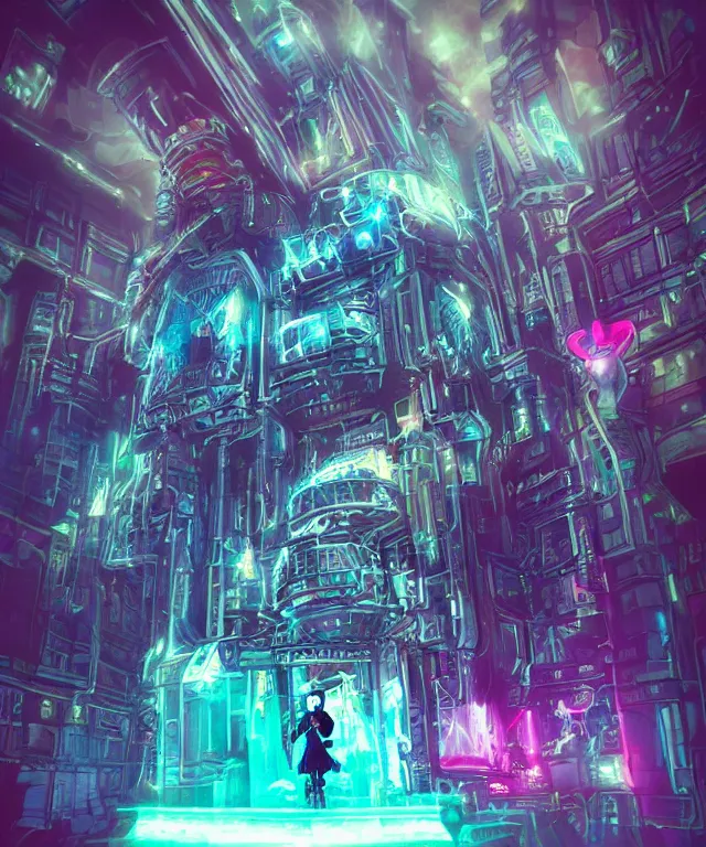 Prompt: majestic cyborg princess, futuristic castle, cyberpunk, neon lights, metal throne