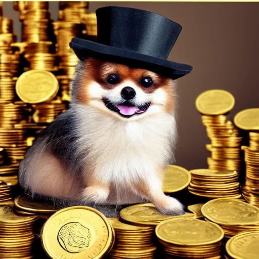 Image similar to A pomeranian wearing a top-hat, sitting on top of a large pile of gold coins