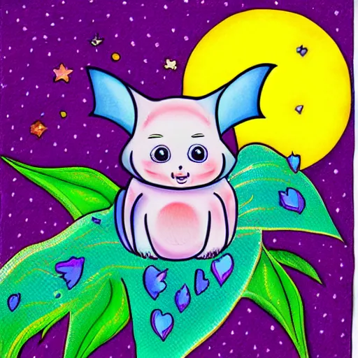 Prompt: original illustration of an adorable chubby baby bat by Lisa Frank