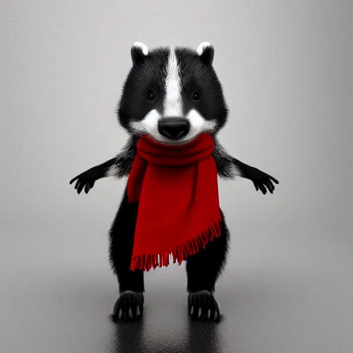 Prompt: a humanoid friendly badger fast walking on white background towards the camera, he‘s wearing a red scarf, digital render