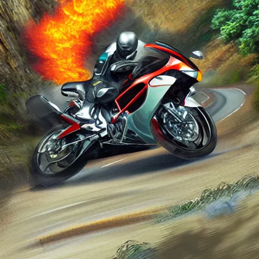 Image similar to new aesthetic and fast motorcycle. Flaming roads. photo realistic. high details. race. hyper realistic. oil painting