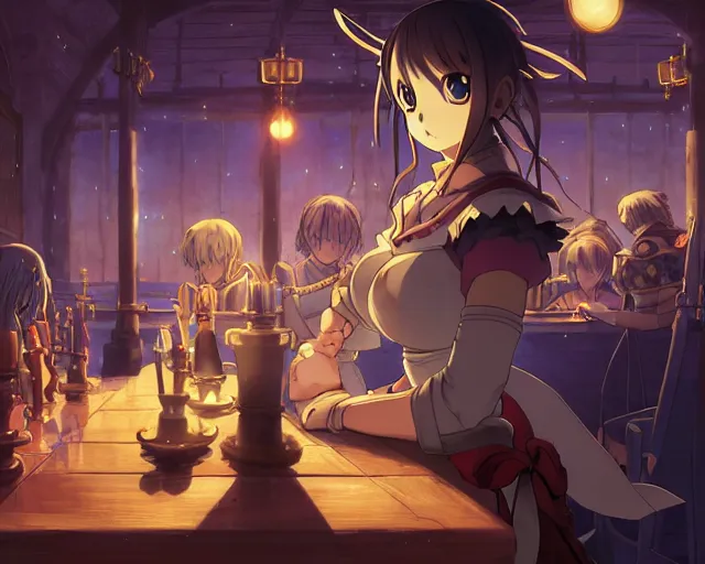 Image similar to anime visual, portrait of a young female in a busy fantasy medieval tavern interior at night, face by yoh yoshinari, murata range, last exile, blue submarine no 6, dynamic pose, dynamic perspective, detailed silhouette, rich texture, seven deadly sins anime, flat, anime cels, matte color, flat lighting on face, rounded eyes