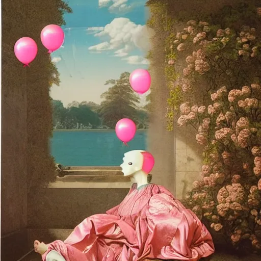 Prompt: liminal spaces, party balloons, checkered pattern, David Friedrich, award winning masterpiece with incredible details, Zhang Kechun, a surreal vaporwave vaporwave vaporwave vaporwave vaporwave painting by Thomas Cole of an old pink mannequin head with flowers growing out, sinking underwater, highly detailed