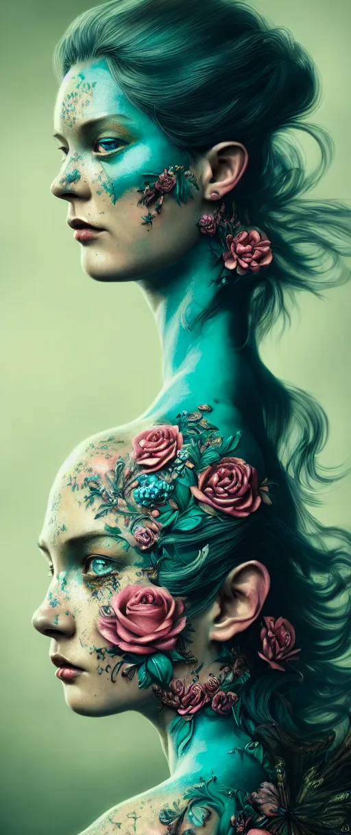 Image similar to hyperrealistic hyper detailed close-up side portrait of gorgeous woman covered in rococo flower tattoos matte painting concept art hannah yata very dramatic dark teal lighting low angle hd 8k sharp 35mm shallow depth of field