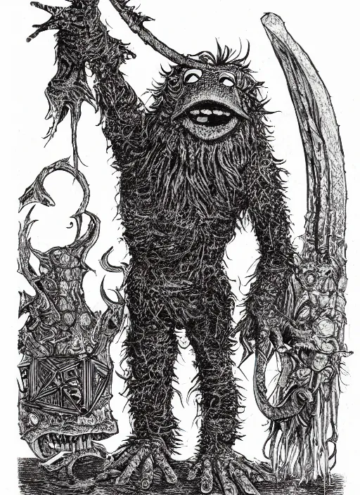 Prompt: a muppet as a D&D monster, full body, pen-and-ink illustration, etching, by Russ Nicholson, DAvid A Trampier, larry elmore, 1981, HQ scan, intricate details, Monster Manula, Fiend Folio