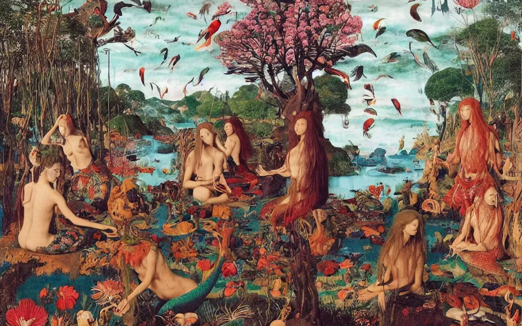 Prompt: a portrait photograph of a meditating mermaid shaman and a flayed monk feeding parrots at a wide river delta. surrounded by bulbous flowers, animals and trees. mountain range under a vast blue sky of burning stars. painted by jan van eyck, max ernst, ernst haeckel, ernst fuchs and artgerm, trending on cgsociety