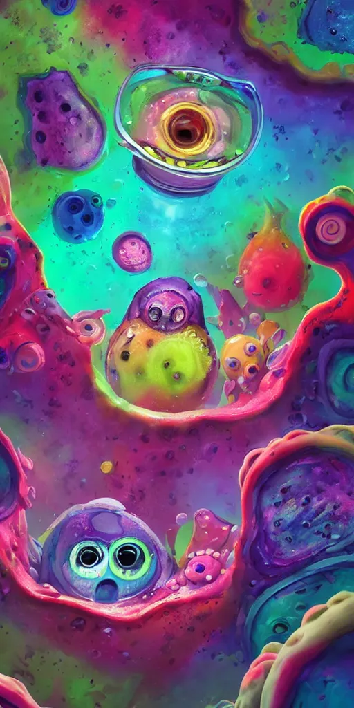 Image similar to of a colorful deep sea crater with strange cute jello happy creatures with huge eyes, mouth, long tongue and round teeth appearing from smokey background, in the style of gehry and gaudi, macro lens, shallow depth of field, ultra detailed, digital painting, trending artstation, concept art, illustration, cinematic lighting, photorealism, epic, octane render