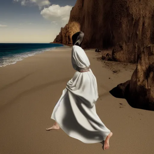 Image similar to a girl with long white long dress walking in white sand beach some crows around her by egon schiele and michael angelo, baroque, neo Gothic,matte painting, baroque detailes,photo real,concept art,highly detailed,sharp lines, hdri, 4k