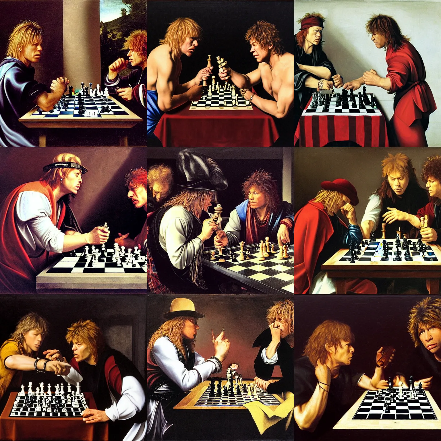 Prompt: axl rose and john bon jovi playing chess, by caravaggio