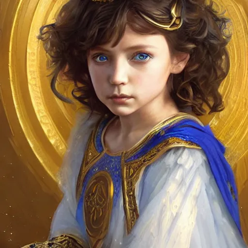 Image similar to a little girl with short wavy curly light brown hair and blue eyes, a space empress in byzantine style. beautiful highly detailed face, painting by artgerm and greg rutkowski and raymond swanland.