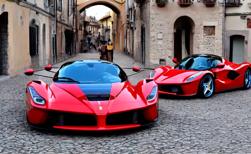 Prompt: a red laferrari in italy streets, photo grammy