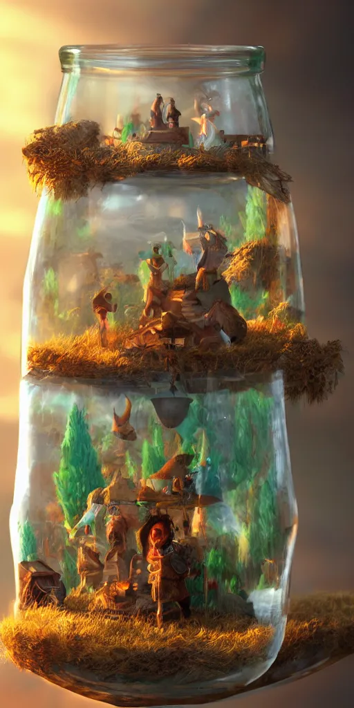 Prompt: fantasy scenes inside a glass bottle with tiny people, character design, realistic, unreal engine 5, trending on artstation, Fantasy style, object , high detail