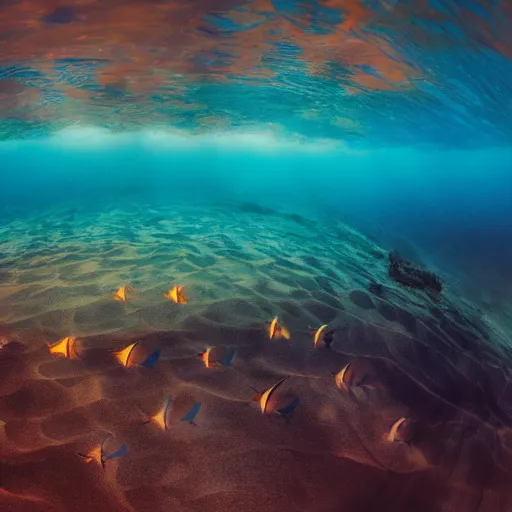 Prompt: professional beach underwater photo similar to level of donkey kong country, by discovery magazine, sand waves, real swordfish underwater, real life, photorealistic, soft focus, long exposure