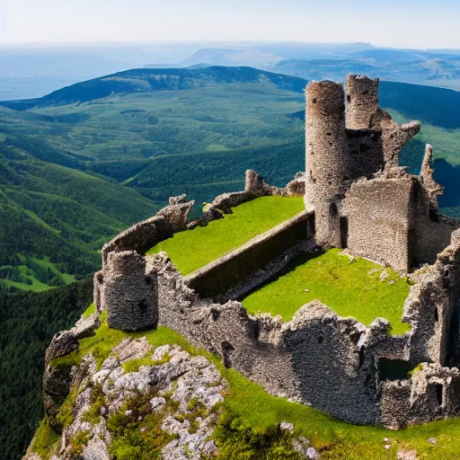 Image similar to photograph, a ruined castle on top of a big mountain, the photo was taken from very far away below the castke looking up at it, exteme far up, ultra high detail, 8 k