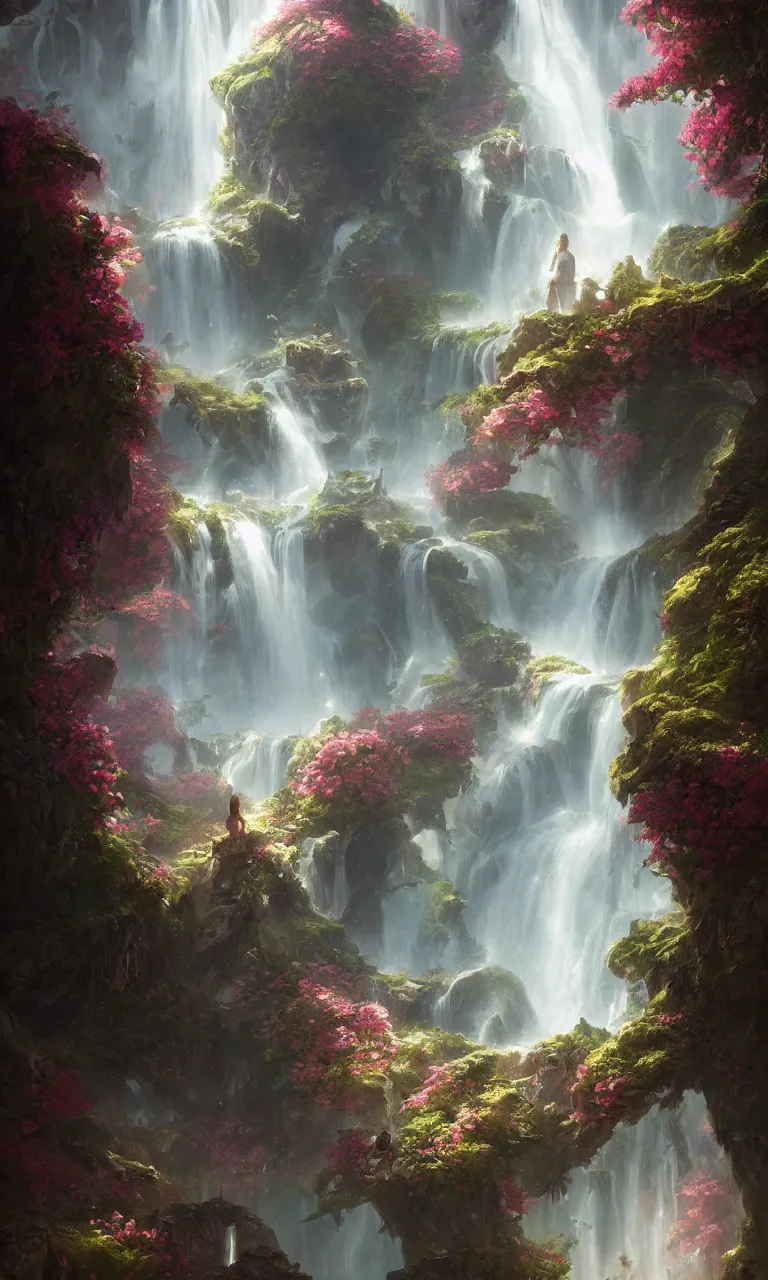 Prompt: fantasy world detailed art, dreamy roses waterfall, cinematic view, detailed, concept art, high detail, warm fantasy lighting, volumetric, trending on artstation, art greg rutkowski